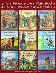 six children's books with the title sir cumference living math books, plus 15 free resources to go with the book