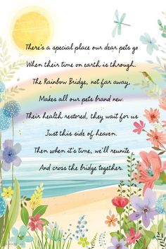 a poem written on the beach with flowers and butterflies