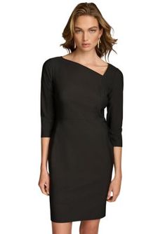 An asymmetrical neckline adds artful appeal to this sheath dress from Donna Karan. | Donna Karan New York Women's Asymmetric Neck Solid Sheath Dress, Black, 14 Elegant Asymmetrical Dress For Work, Asymmetrical Sheath Dress For Work, Elegant Formal Asymmetrical Sheath Dress, Elegant Formal Sheath Asymmetrical Dress, Spring Bodycon Dress With Asymmetrical Neckline For Work, Spring Workwear Bodycon Dress With Asymmetrical Neckline, Asymmetrical Neckline Bodycon Dress, Elegant Asymmetrical Dress With Asymmetrical Neckline For Work, Modern Spring Bodycon Dress For Formal Occasions