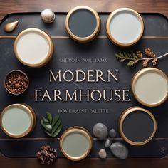 the modern farmhouse home paint palette is displayed on a tray with various colors and sizes