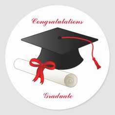 congratulations stickers with a graduation cap and diploma on the front, in red lettering