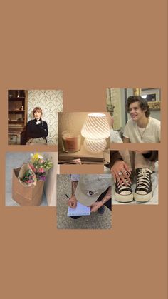 a collage of photos with people sitting and standing in front of a lamp, shoes, flowers, vases