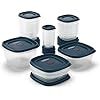 an assortment of food containers and lids on a white background with black trimmings