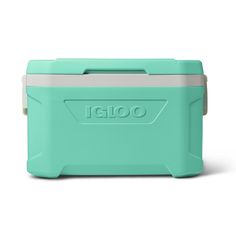 the igloo cooler is mint green and white