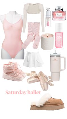 a woman's outfit and accessories are arranged in the shape of a ballerina