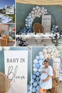 a collage of photos with balloons and baby in bloom signs on the side of a building