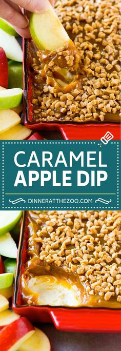 caramel apple dip in a red casserole dish