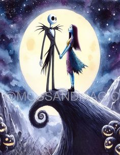 a painting of two people holding hands on top of a hill in front of a full moon