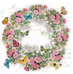 a floral wreath with butterflies and flowers on it