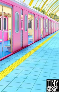 there is a pink train with doors and windows on the side, next to a blue tiled floor