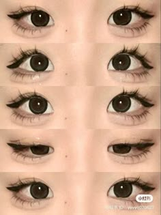 Douyin Makeup Full Face, Puririkaaa Art Tutorial, Ulzzang Eyes, Doll Eyeliner, Cute Doll Makeup, Doe Eye Makeup, Doll Face Makeup, Kawaii Pfps, Anime Eye Makeup