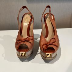 Fendi Python Orange Peep-Toe Slingback Pumps Size 37 5.5 Inch Heel Worn Once Soles Are The Only Areas That Show Wear Luxury Brown Round Toe Slingback Pumps, Luxury Brown Slingback Pumps With Round Toe, Luxury Brown Slingback Heels, Luxury Brown High Heel Slingback Pumps, Slingback Heels, Fendi Shoes, Slingback Heel, 5 Inch Heels, Slingback Pump