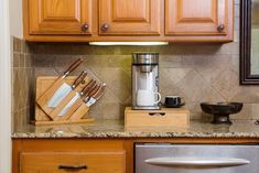 the kitchen counter is clean and ready to be used as a cook's station