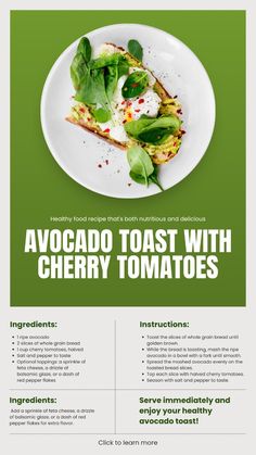 Discover the perfect combination of creamy avocado and juicy cherry tomatoes on whole-grain toast! This nutrient-rich recipe is packed with healthy fats, antioxidants, and vitamins that support heart health and glowing skin. It's a quick and delicious breakfast or snack option that fuels your body with essential nutrients. Try it and feel the benefits! #AvocadoToast #HealthyBreakfast #CherryTomatoes #QuickRecipes #NutrientDense #HealthySnacks #AvocadoLove #WholeGrainToast #HeartHealthy #GlowingSkin #EasyRecipes #PlantBasedEating Give this nutritious toast recipe a try and let us know how you enjoyed it! Drop a comment below with your feedback! Healthy Avocado Toast, Avocado Spread, Nutrient Packed Smoothies, Healthy Avocado, Fresh Breakfast, Tomato Avocado, Fresh Cherry, Avocado Toast Recipe, Grain Bread