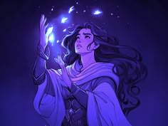 a drawing of a woman with long hair holding a glowing ball in one hand and looking up at the sky