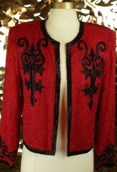 Red Christmas Party Outerwear, Red Holiday Party Outerwear, Red Sequined Outerwear For Party, Red Vintage Outerwear For Costume Party, Vintage Red Outerwear For Costume Party, Festive Red Outerwear For Party, Red Festive Outerwear For Party, Festive Red Party Outerwear, Vintage Red Outerwear For Evening