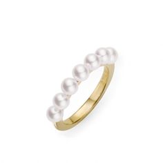 Mikimoto Akoya Cultured Pearl Ring in Yellow Gold Mikimoto Pearls Ring, Fine Jewelry Stackable Pearl Ring With Round Band, Elegant Formal Stackable Gemstone Rings, Modern Yellow Gold Pearl Ring For Anniversary, Timeless White Stackable Jewelry, Modern Round Pearl Ring In Yellow Gold, Elegant Stackable Pearl Ring In Yellow Gold, Elegant Stackable Yellow Gold Pearl Ring, Elegant 14k Gold Stackable Pearl Ring