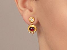 One-of-a-Kind Single Earrings in 24k Gold, 8x6mm Oval set in Wide Frame from the Muse Collection, with Garnet Opal Gifts, Opal Birthstone, The Muse, Jewelry Boards, Ancient Jewelry, Recycled Gold, Single Earring, Pure Gold, High Jewelry