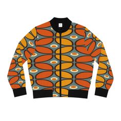 Harness the 70s vibes with this groovy geometric bomber jacket! Made from a strong and durable polyester, this jacket will ensure you stay warm during those chilly days. The self-lined pocket at the sides adds a stylish touch and allows for easy access to your belongings. The ribbed collar, cuffs, and bottom hem provide an extra layer of comfort by allowing the jacket to stretch as it's put on — perfect for any fun weekend adventures. Boasting mid century modern shades of beige, metallic gray, burnt orange, and mustard yellow, this retro-style bomber jacket will surely make you stand out from the crowd. Look cool and stay comfortable - add this must-have piece to your wardrobe today! Key Features 100% polyester: This extremely strong and durable synthetic fabric retains its shape and dries Casual Spring Outerwear With Geometric Pattern, Retro Winter Outerwear With Graphic Print, Retro Spring Outerwear With Zipper Closure, Retro Graphic Print Outerwear For Spring, Retro Spring Outerwear With Graphic Print, Retro Fall Track Jacket For Streetwear, Retro Track Jacket For Spring Streetwear, Retro Spring Track Jacket For Streetwear, Retro Fitted Outerwear With Zipper Closure