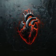 an artistic painting of a human heart surrounded by fire and ice on a dark background