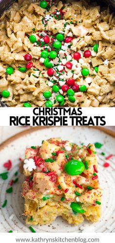 christmas rice krispie treats with candy and sprinkles on top, in a pan