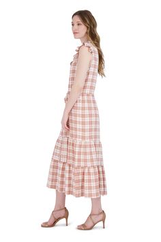 Created for spending days working from walks in the park, this gorgeous tiered dress featuring a stunning plaid print display and above the ankle length, is relaxed and flowy fit style with ruffled cap sleeves, a round neckline with a functional string tie, an adjusted waist tie, and an A-line tiered skirt. Ruffle Tiered Dress, Print Display, Capped Sleeve Dress, Midi Dress With Sleeves, Tier Skirt, Crepe Dress, Vibrant Orange, Plaid Print, Tiered Skirt