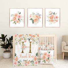 a baby's nursery room with pink flowers and monogrammed wall art on the walls