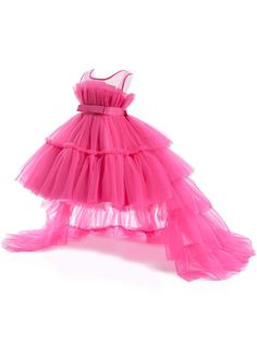 Young Girls' Elegant Bow Mesh Tulle Tailing Ball Gown Dress, Suitable For Birthday Party, Formal Occasions, Not Including Hairpiece Hot Pink Party  Sleeveless Mesh Fabric Plain Fit and Flare Non-Stretch All Young Girls Clothing, size features are:Bust: ,Length: ,Sleeve Length: Pink Dresses For Kids, Dress With Detachable Train, Puffy Tulle Skirt, Barbie Pink Dress, Tule Rok, Mesh Gown, Baby Party Dress, Girl Dress Pattern, Detachable Train