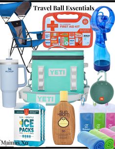 the contents of a travel ball essentials kit including cooler, water bottle and other items