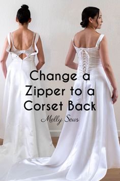 two women in dresses with the words change a zipper to a corset back