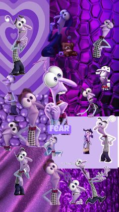 some cartoon characters are standing in front of a purple background