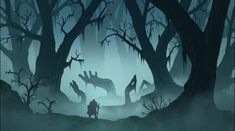 a man standing in the middle of a forest filled with trees and monster like creatures