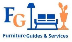 the furniture guides and services logo is shown in orange, blue, and gray colors