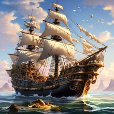 a painting of a pirate ship in the middle of the ocean with seagulls flying around