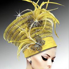 Make A Regal Statement At Summer, Church, Wedding, And Other Events With This Stunning Masterpiece. Crafted With The Finest Materials And Adorned With Dazzling Jewels, Feathers, And Intricate Details, This Hat Is Sure To Turn Heads And Set You Apart As The Epitome Of Sophistication. Step Into The Spotlight And Exude Class And Grace With The Exquisite Yellow Couture Feathered Jeweled Crown Regal Hat - A Must-Have Accessory For Those Who Appreciate The Finer Things In Life. Elevate Your Summer Sty Summer Church Wedding, Yellow Couture, Special Occasion Hats, Classy Hats, Occasion Hats, Elegant Hats, Church Events, Couture Accessories, Head Pieces