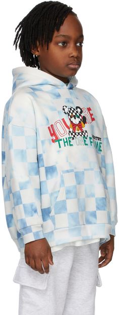 Long sleeve cotton-blend fleece hoodie checked in blue and off-white. Logo graphic printed in multicolor at front. · Kangaroo pocket at waist · Rib knit cuffs and hem · Dry clean Model measures 51 / 129.5 cm tall and wears size 8-9Y. Supplier color: Blue Size: child's height 4-5Y: 43.5 / 110 cm 6-7Y: 47 / 120 cm 8-9Y: 51 / 130 cm 10-11Y: 55 / 140 cm 12-13Y: 59 / 150 cm Bear Hoodie, Blue Vintage, Knit Cuff, Logo Graphic, Fleece Hoodie, Long Sleeve Hoodie, Sleeve Cotton, Kangaroo Pocket, Rib Knit