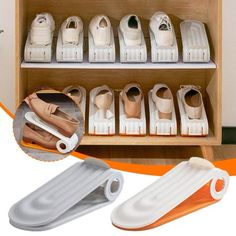 the shoe rack has several pairs of shoes on it and is open to show them