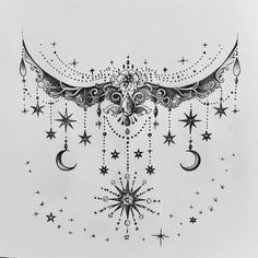 a black and white drawing of an owl with stars on it's back wing