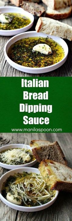 italian bread dipping sauce in white bowls on a wooden table with slices of bread