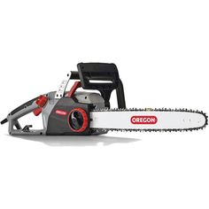 a red and black electric chainsaw on a white background with the word oregon printed on it