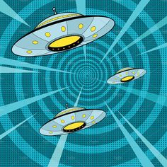 three yellow and blue flying saucers in the sky with rays coming out from them