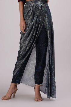 Navy blue draped saree with cutdana embroidery with rose print pant. Paired with printed padded blouse and printed bomber jacket. - Aza Fashions Elegant Festive Pants With Traditional Drape, Elegant Pants With Traditional Drape For Parties, Party Pants With Dupatta For Eid, Elegant Party Pants With Traditional Drape, Party Pants With Zari Work For Eid, Elegant Festive Bottoms With Traditional Drape, Bollywood Style Festive Bottoms With Traditional Drape, Bollywood Style Pants For Eid Party, Bollywood Style Bottoms For Eid Party