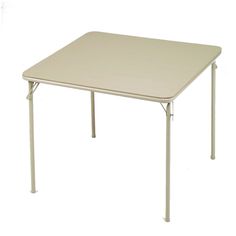 a square table with metal legs and a white top