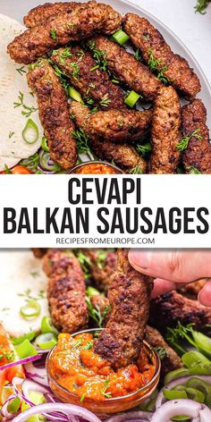 several different types of food on a white plate with text overlay that reads cevapi balkan sausages