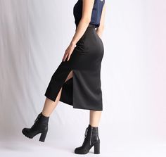 This delicate high waisted satin midi skirt is a must-have wardrobe piece for every woman who thrives for elegance. Made of high quality, non stretchy satin with a noble shine it is the definition of effortless elegance and class. This satin midi skirt is perfect for romantic dinners, cocktail parties, preppy night outs and it is a very popular choice for bridesmaids and wedding guests when paired with our matching Reversible camisoles.  It's also perfect for casual dressing and work. You can wear it on a summer day or layer it with a cardigan or blazer in the colder months, a feminine and attractive look is guaranteed.  This Satin Midi skirt is finished to the highest standard. It is fully lined and bagged out, has two side splits and an invisible zip closure on the side. The material is Party Midi Skirt With Side Slits, Asymmetrical Skirt With Side Slits For Night Out, Party Bottoms With Side Slits Midi Skirt, Chic Midi Pencil Skirt With Side Slits, Chic Knee-length Pencil Skirt With Side Slits, Chic Knee-length Skirt With Side Slits, High-waisted Party Skirt With Side Slits, Long Skirt With Side Slits For Night Out, High Waist Skirt With Side Slits For Night Out