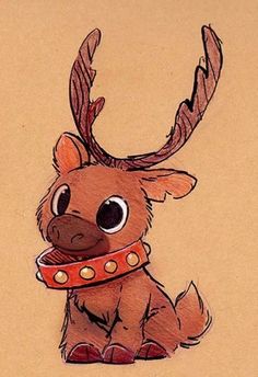 a drawing of a deer with big eyes and a red collar on it's neck