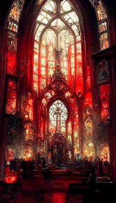 the inside of a gothic church with stained glass windows and red light coming from it