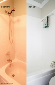 before and after pictures of a bathroom remodel with white tile, pink tub