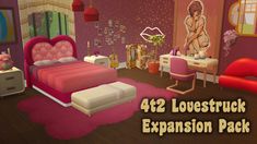 the bedroom is decorated in pink and purple colors with lots of furniture, including a bed