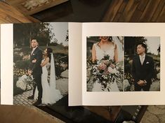 an open photo book with pictures of people in wedding attire and flowers on the pages